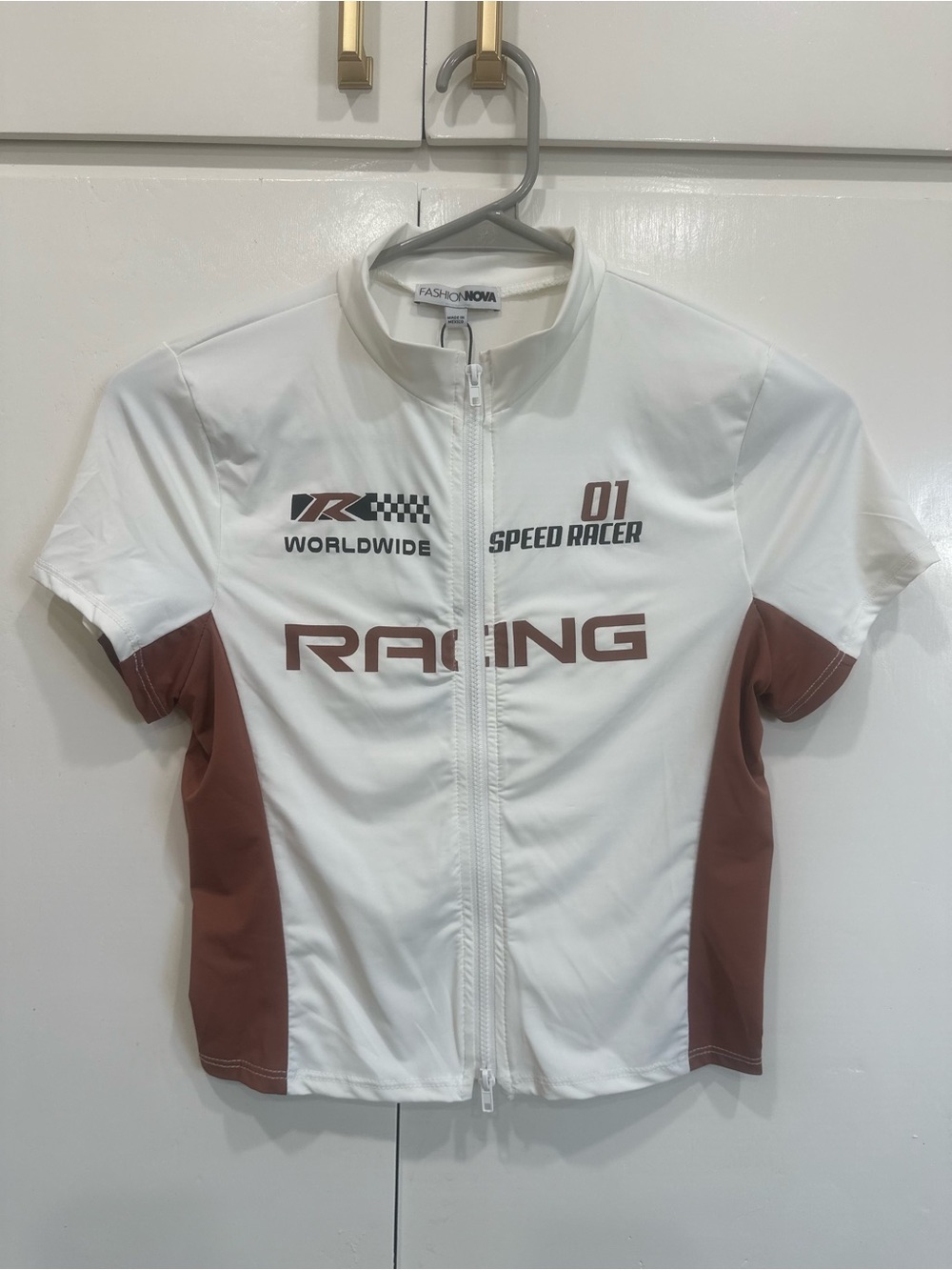 Fashion Nova Womens White & Brown Racing Zip-Up Swim Top